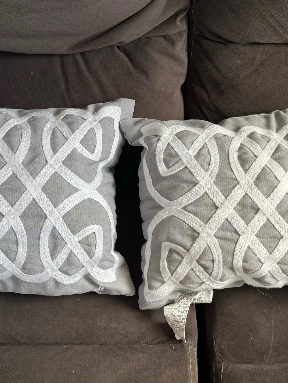 Gray Decorative Accent Pillow Pair with White Embroidered Knot Pattern